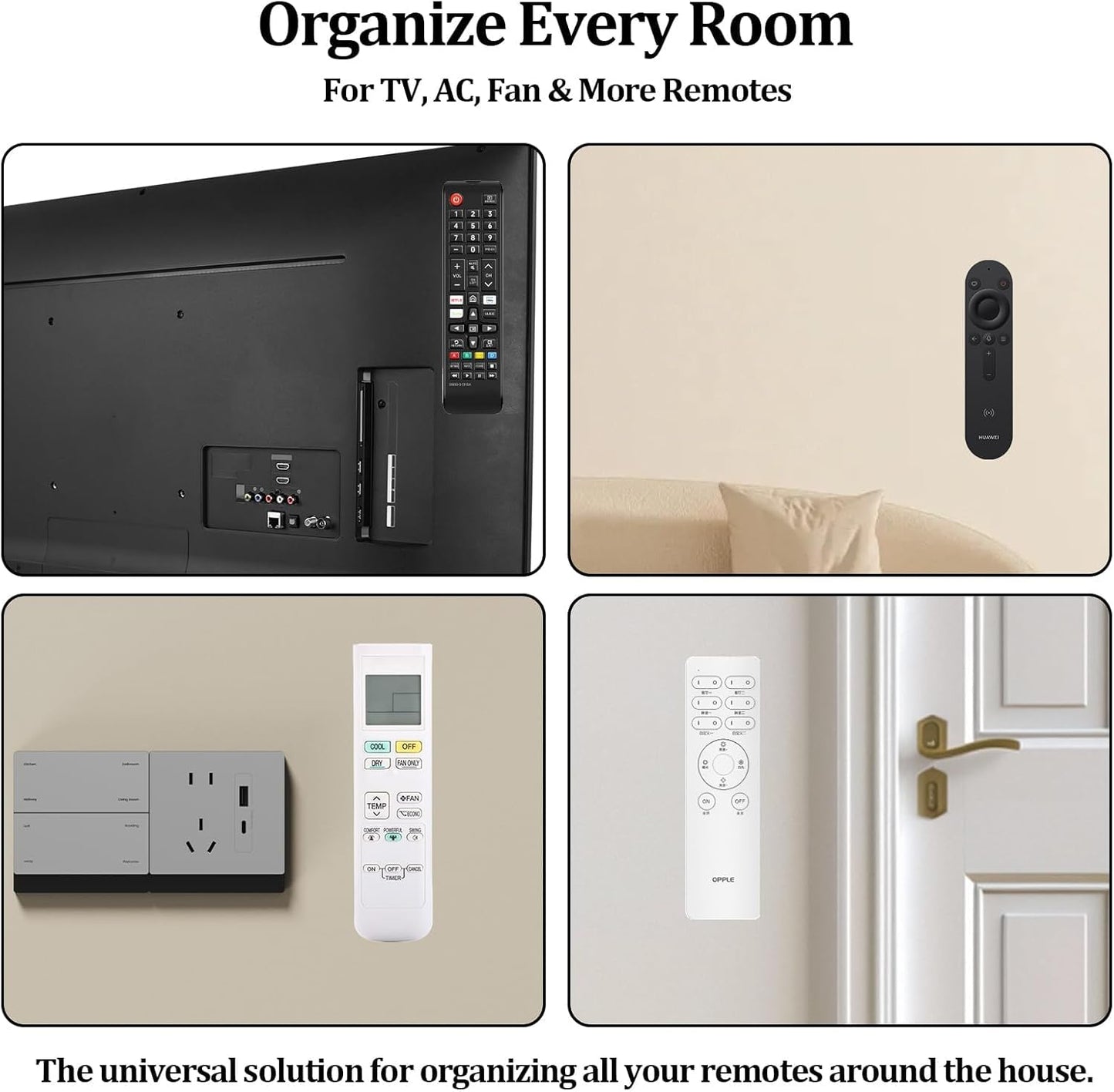 Magnetic Remote Control Holder Wall-Mounted Remote Holder Adhesive Strips Easy Installation for TV, Fan, and AC Remotes to Organize Home & Office (4 Pack)