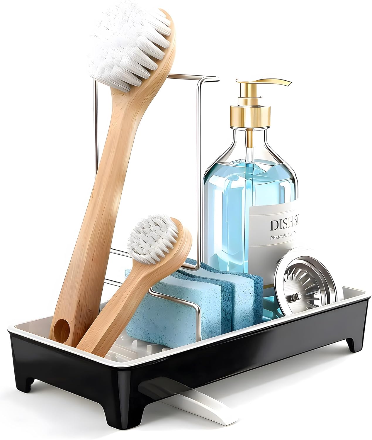 Ceramic-Look Sink Caddy, Rustproof Sponge Holder for Kitchen Sink with 304 Stainless-Steel Brush Holder, Countertop Rack Organizer with Raised Ridges & Silicone Drain Tube (Black)
