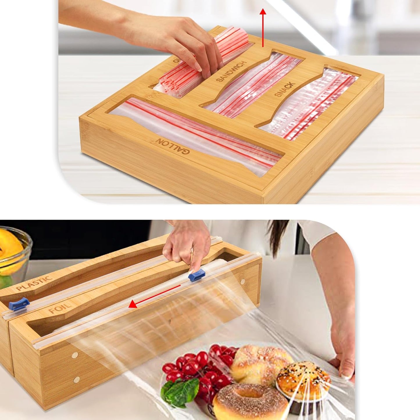6-in-1 Magnetic Bamboo Drawer Organizer for Food Bags and Wraps Adjustable Compartment Storage with Dispenser and Cutter Fits Gallon Quart Sandwich and Snack Sizes