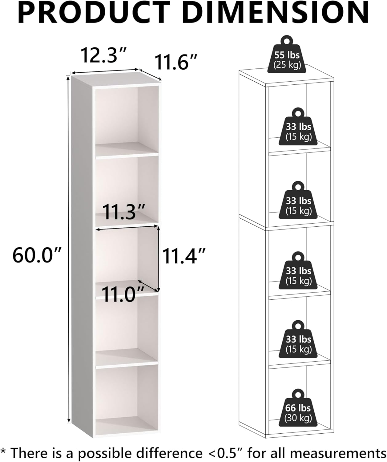 5 Cube Storage Organizer, 5 Tier Vertical Cube Bookcase Freestanding Storage Display Organizer for Home Office, Five Cubes Open Shelf Bookshelf (White, 5 Cube)