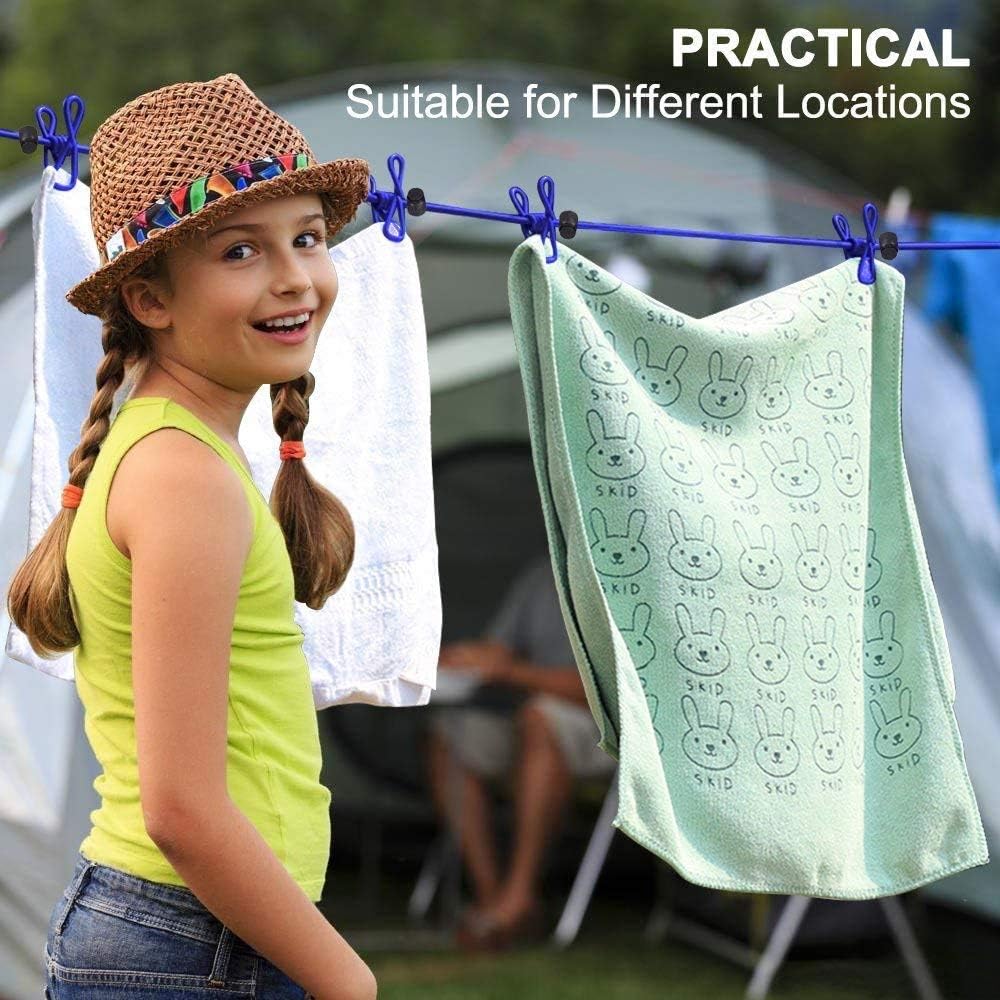 1 Pack Portable Clothesline with 12 Clothespins, Windproof Travel Clothesline Stretchy Retractable Elastic Laundry Clothes Line for Backyard, Vacation Hotel, Balcony Clothes Drying Line