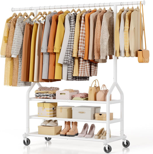 EAGMAK Heavy Duty Clothes Rack Load 688 LBS, Rolling Clothing Rack With 3 Shelves, Adjustable Metal Clothes Hanger with Wheels Portable Wardrobe Organizer Garment Rod for Hanging Clothes (White)