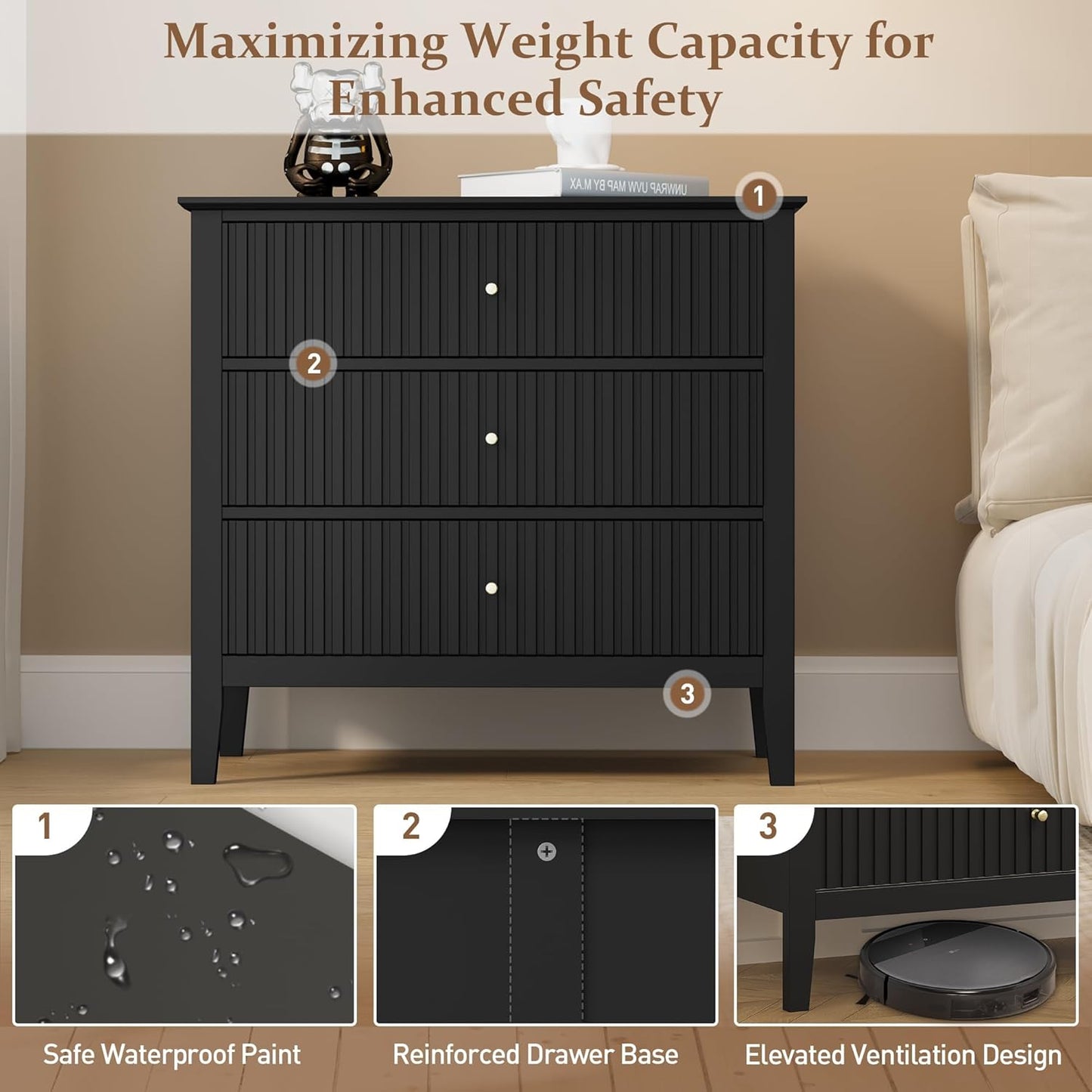 RoyalCraft Black Fluted 3 Drawer Dresser, 32 inch Wide Dresser Nightstand for Bedroom, Modern Wood Chest of Drawers, Large Painted Nightstand with 3 Drawers for Closet, Hallway, Entryway