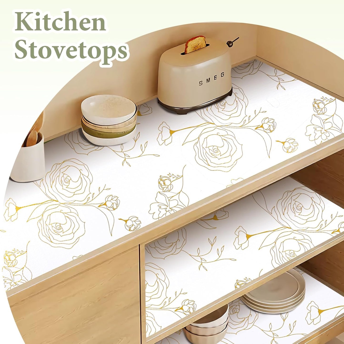 Shelf Liners for Kitchen Cabinets Non Adhesive Drawer Liner 23.6in x 20FT Gold Floral Thickened Shelf Liner Paper Strong Non-Slip Easy to Clean for Tool Box Refrigerator