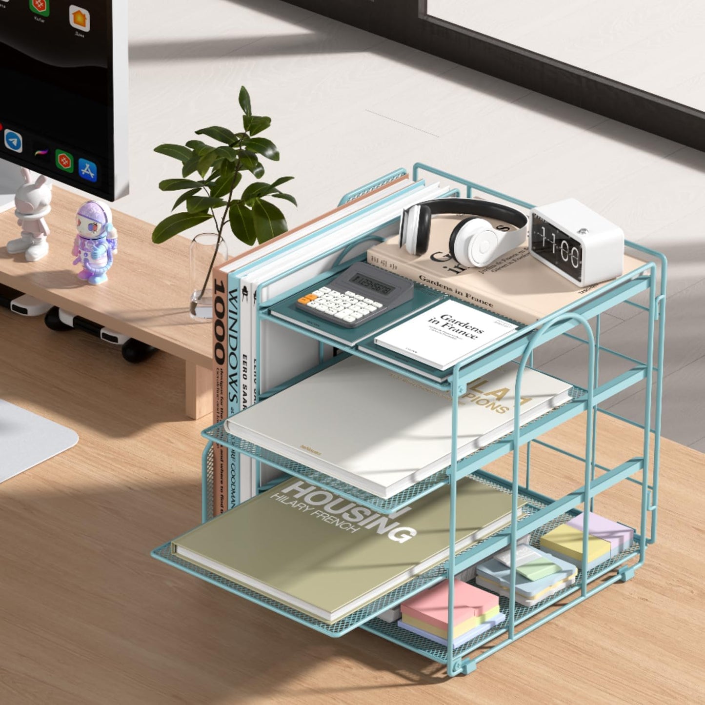 Blue Desk File Organizer and Accessories, 4-Tier Paper Organizer with Vertical File Holder, Office Desk Accessories & Workspace Organizers and Desktop Storage for Office Supplies (Sky Blue)