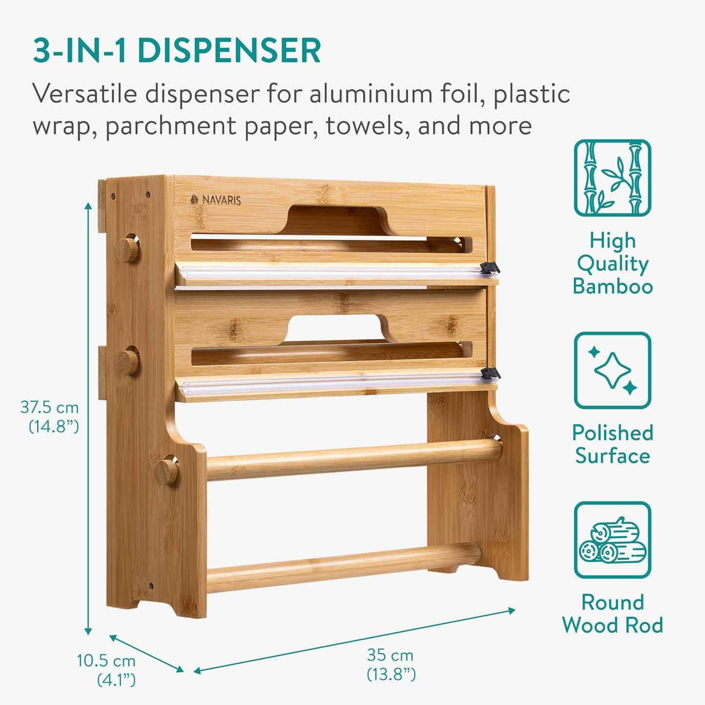 Navaris 3 in 1 Cling Film Dispenser with Cutter - Space Saving Kitchen Roll Storage and Foil Organizer - Bamboo Tin Foil and Clingfilm Holder with Utensil Area - Wall Mount Option