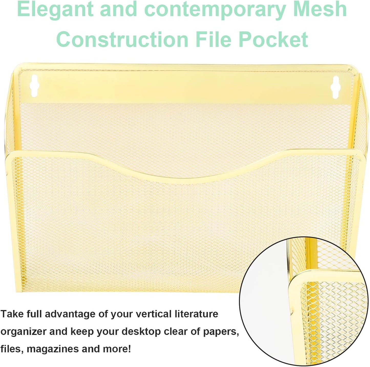 EASEPRES 3 Single Pocket Mesh Hanging File Organizer, Vertical Wall Mounted Magazine File Holder, Mount Basket Mail Paper Document Folder Organizing for Office, Home and School, Gold