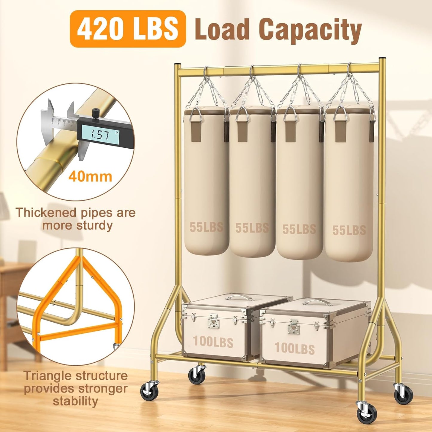 EAGMAK Heavy Duty Clothes Rack Load 420 LBS, Rolling Garment Organizer with Lockable Wheels, Standing Metal Clothing with Shelves, Portable Wardrobe Rack Sturdy Coat Rack for Hanging (Gold)