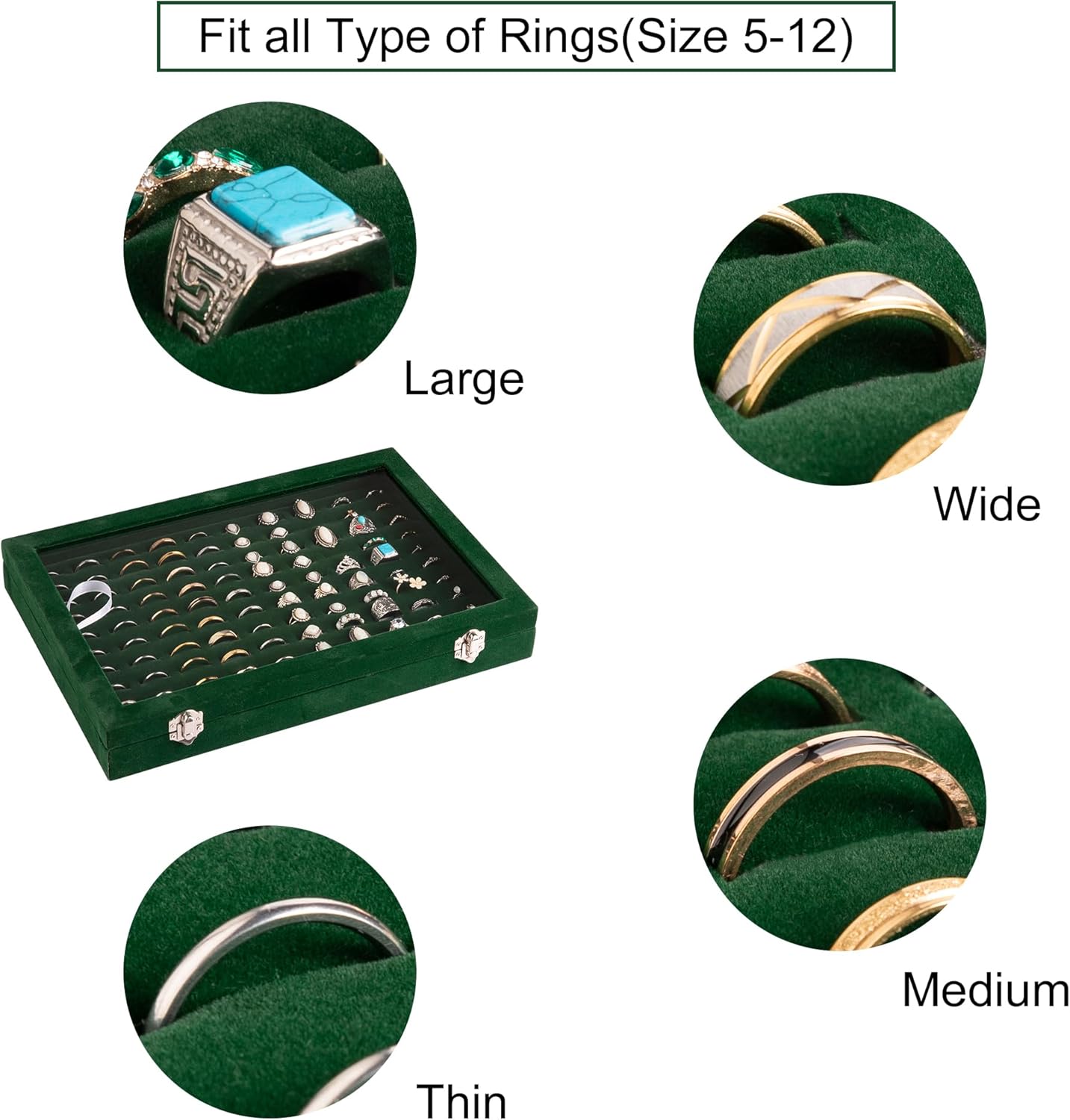 Frebeauty Ring Organizer Tray 100 Slots Ring Holder with Clear Lid Velvet Storage Box Jewelry Tray for Jewelry Store Earring Display Case for Jewelry Show Studs Box for Women(Blackish Green)