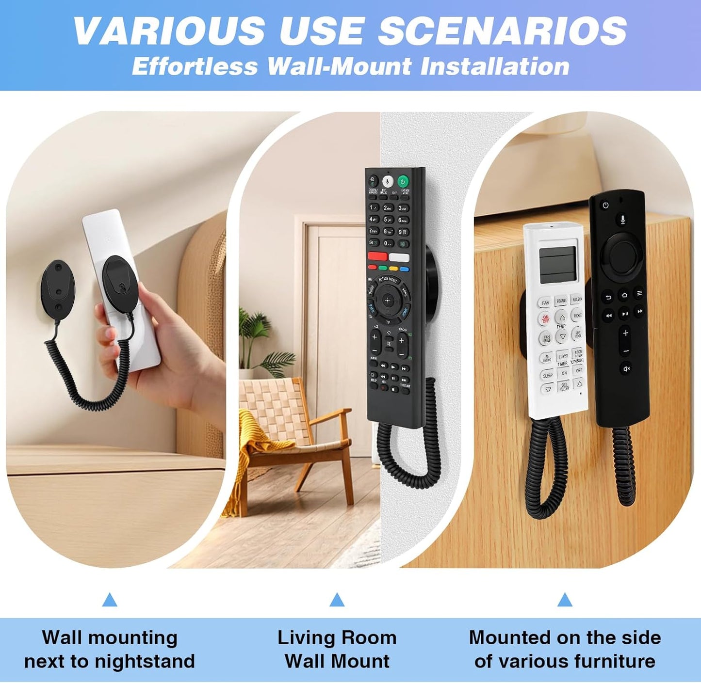 Magnetic Remote Control Holder with Retractable Cord, Anti-Loss Wall Mount Adhesive for TV, Couch, Bedside Table, Strong Spring Rope Organizer for Small Items, 2-Pack Black