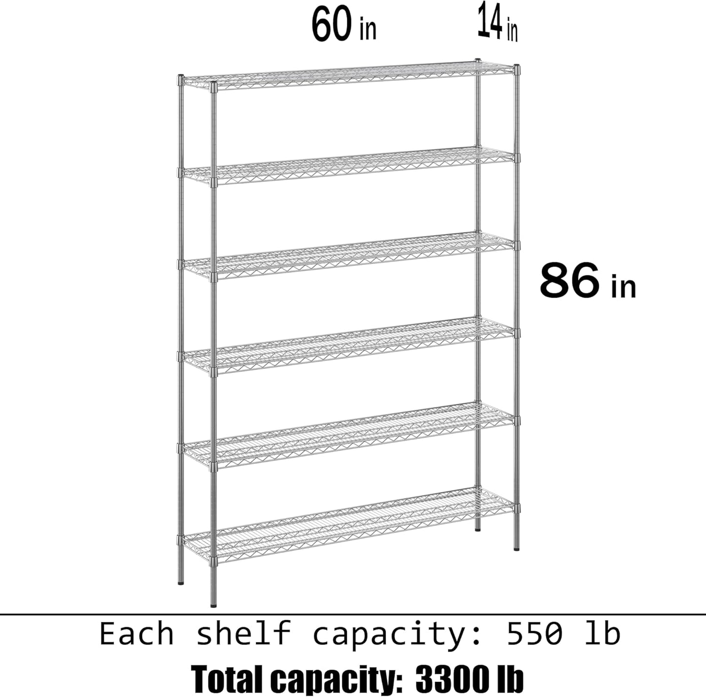 14" Deep x 60" Wide x 86" Height Wire Shelving Kit | 6-Tier | NSF Commercial Storage Rack Unit