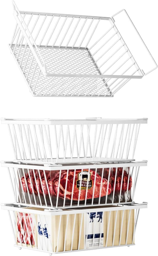 Freezer Organizer Bins ，Enhanced Leak-Proof Bottom，4 Pack Stackable Deep Freezer Organizer Bins for 5 Cu.FT Small Chest Freezer，Easy Get Bottom Foods without Digging （for 5 Cu.Ft