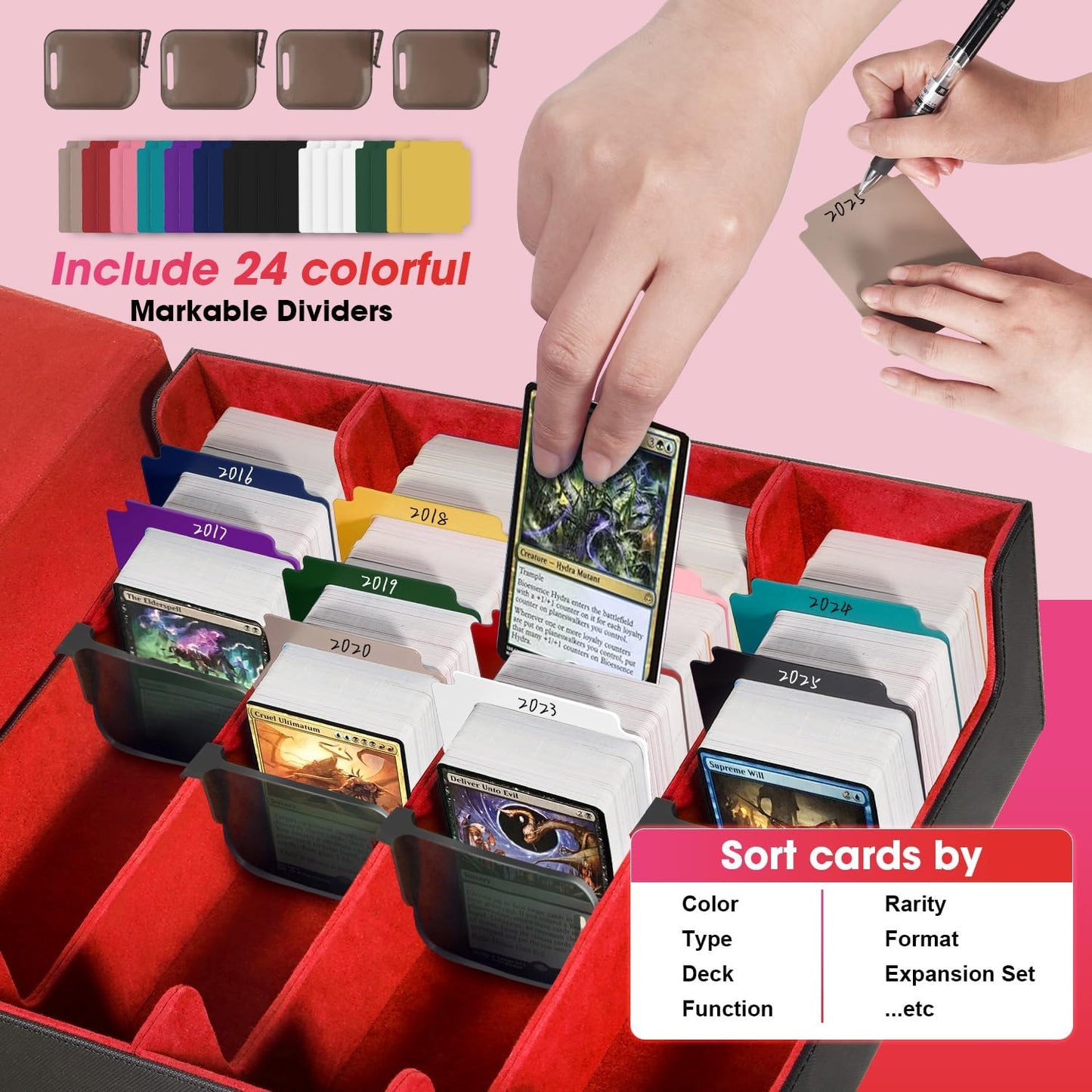 Red Card Organizer Box, 3000+ Trading Card Storage Box, PU Leather, 24 Dividers, Magnetic Closure, 4 Supporters, Card Holder Box For Game Sports Card