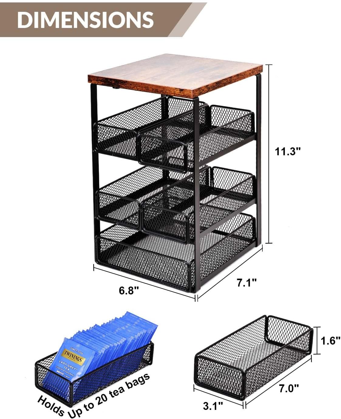 Tea Bag Organizer with 5 Drawers, Wooden & Metal Tea Storage Organizer for TeaBags, Coffee Pods, Creamers & Sugar – Countertop Tea Bag Holder for Coffee Bar and Kitchen, Space-Saving Tea Storage Rack
