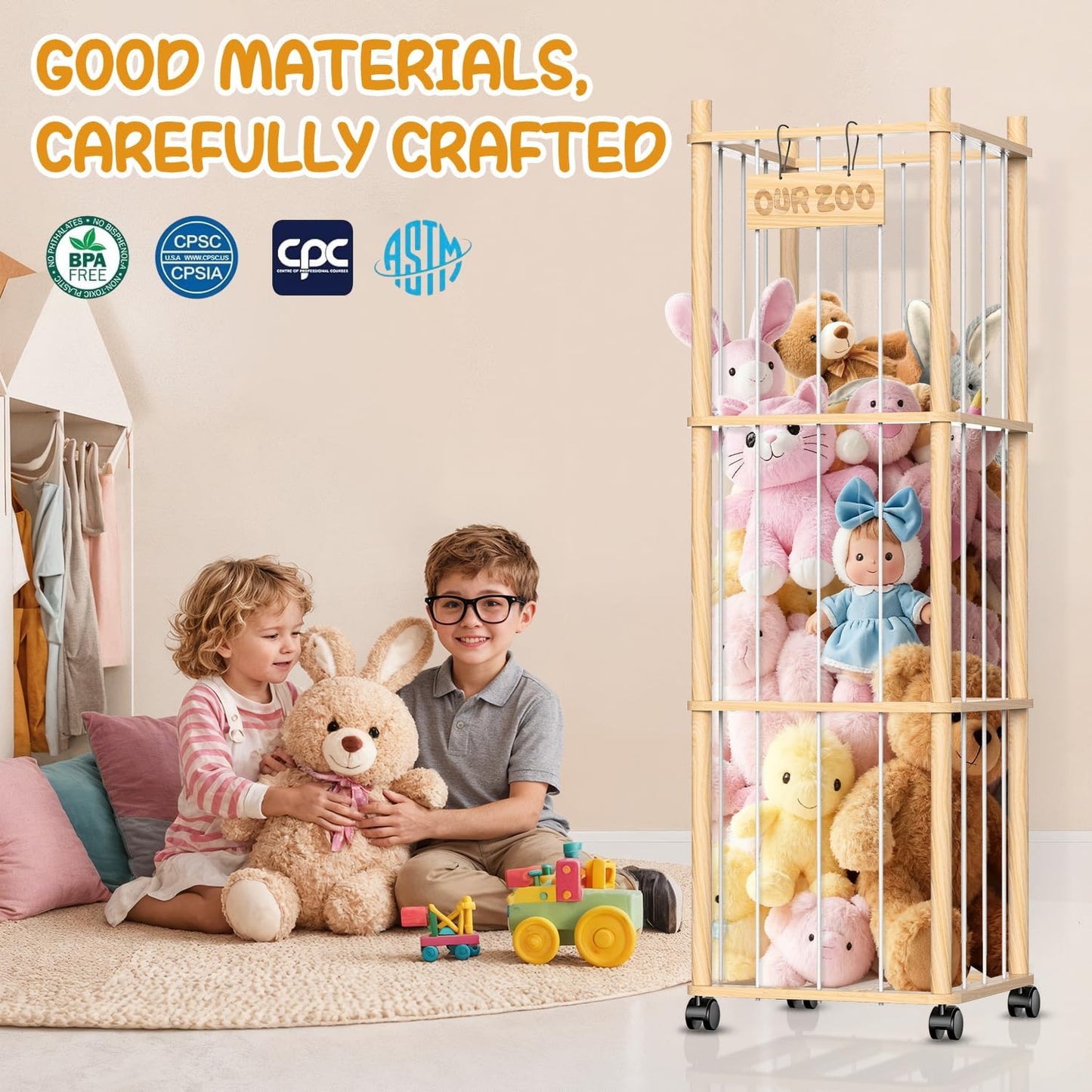 Stuffed Animal Storage & Holder, Natural Pine Wood Plushies Storage with Wheels, Large Capacity Stuffed Animal Zoo with Building Block Bag, Space Save Toy Organizer for Nursery Playroom & Bedroom