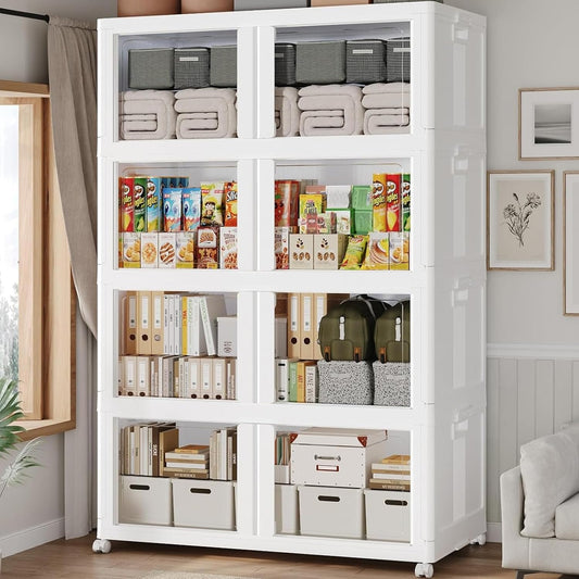 800Qt Stackable Storage Bins with Lid and Wheels, 200Gal Plastic Closet Organizer and Storage Drawer, Large Collapsible Storage Box Cabinet with Clear Door for Home Kitchen Office, 4Pack White