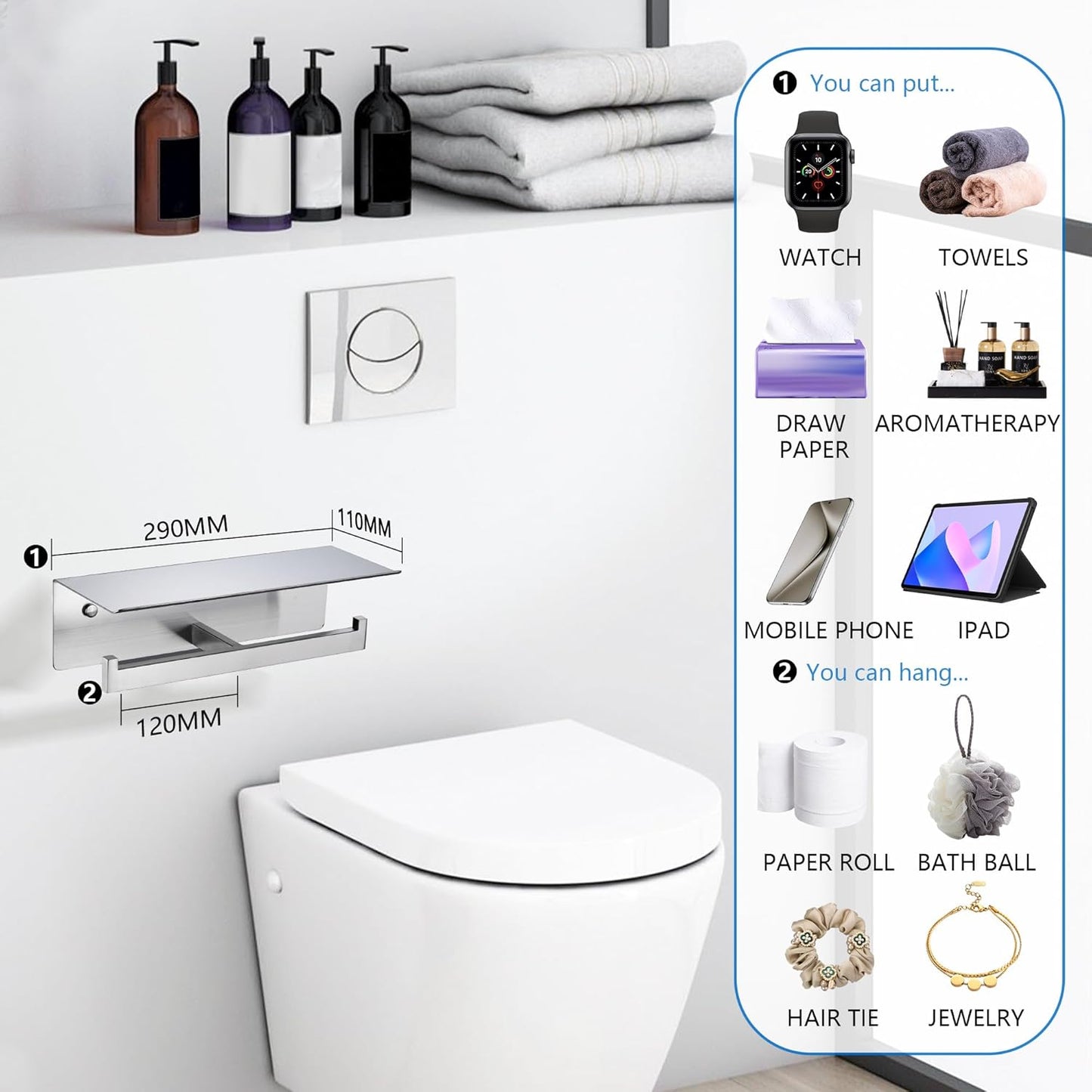 LANC Double Roll Tissue Holder with Shelf, Brushed Nickel Commercial Toilet Paper Dispenser with Phone Shelf for Bathroom Wall Mounted or 3M Self-Adhesive Stainless Steel, A8377BN