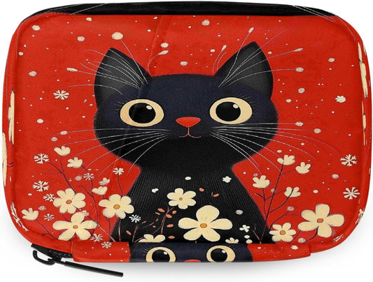 Retro Black Cat Flowers Pill Organizer Travel Medicine Case with Zipper Daily Vitamin Storage Bag Portable 8 Slot Weekly Pill Box Supplement Holder for Home Office Gym Travel