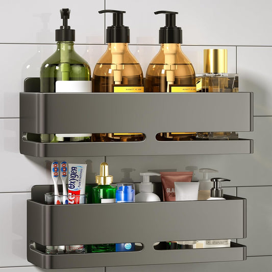 Shower Shelf, 2-Pack, Heavy-Duty Bathroom Storage Shelf, Large Capacity No-Drill Bathroom Organizer, Gray Metal Storage Basket, Adhesive Installation