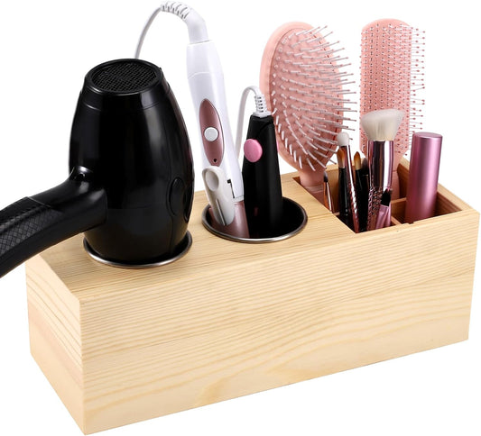 Hair Dryer Countertop Holder, Hair Tool Organizer Wall Mount, Blow Dryer Holder Cabinet Door Organizer, Bathroom Countertop Blow Dryer Holder and Curling Iron Holder (Cedar Wood, Log color)