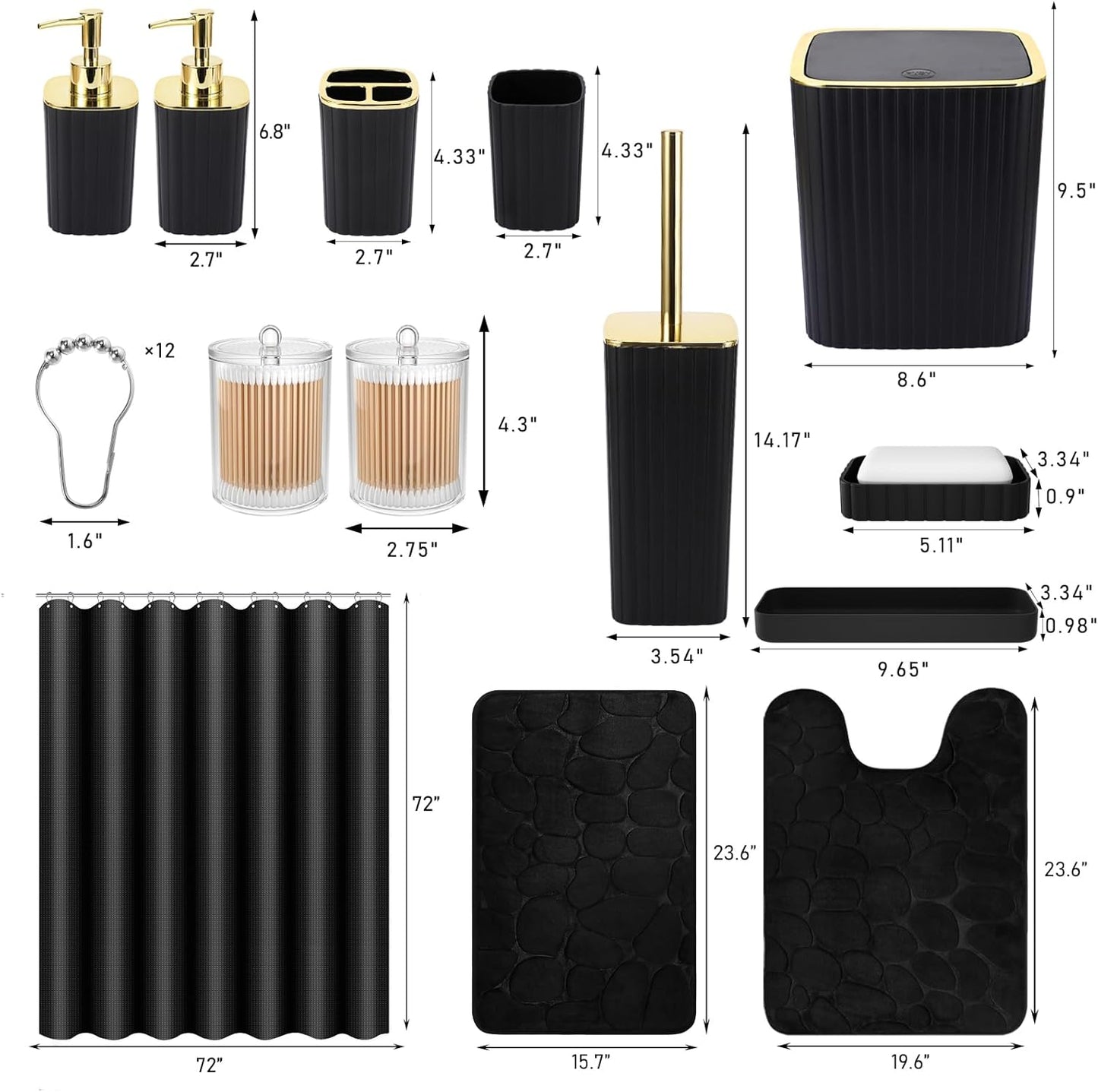 Bathroom Set with Shower Curtain and Rugs- 25PC Bathroom Accessory Set, Black Shower Curtain Set, Toilet Brush, Trash Can, Qtip Holder Dispenser & Soap Dispenser