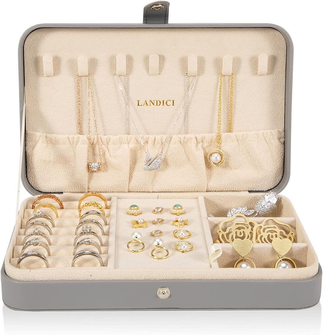 LANDICI Small Jewelry Box for Women Girls, PU Leather Travel Jewelry Case, Portable Jewelry Organizer Storage Holder Display for Ring Earrings Necklace Bracelet Bangle Men Kids Gift, Grey