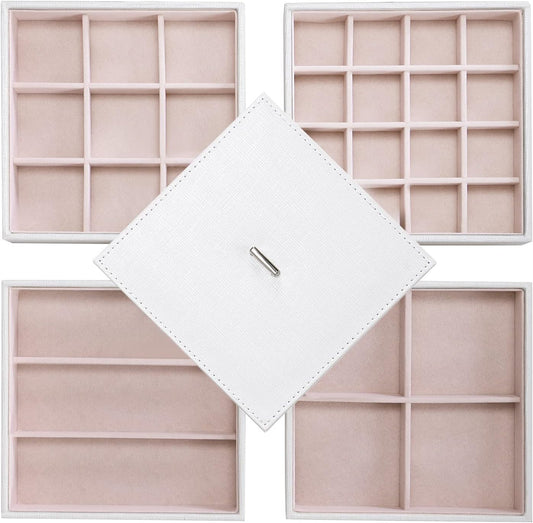 BEWISHOME Jewelry Organizer Trays Stackable Earring Storage Trays with Lid for Dresser and Drawer 32 Slots for Rings, Earrings, Necklaces, Bracelets and Watches Set of 4 White SSH81W