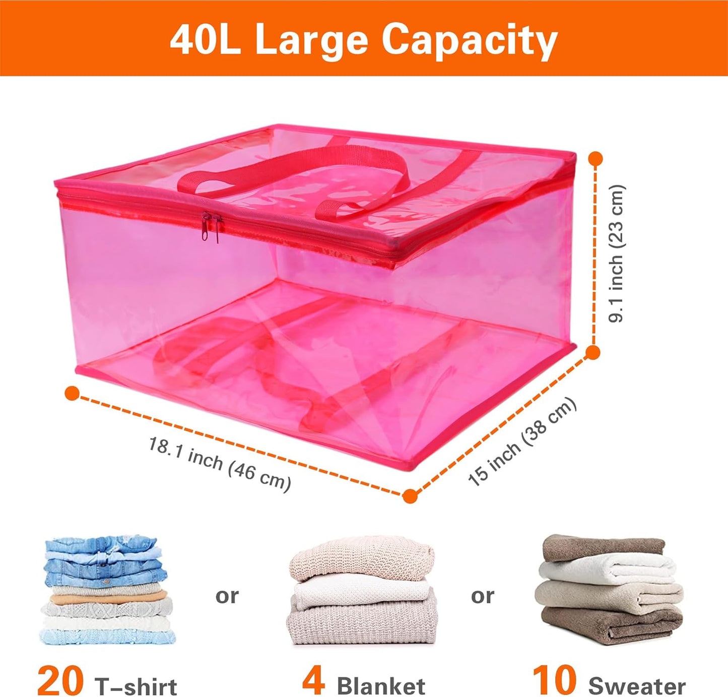 Vieshful Pink 40L Clear Clothes Storage Bag with Zipper 5 Pack Colorful Clothes Organizer Vinyl Storage Bag for Comforter, Blanket, Bedding, Duvet, Transparent Moving Totes