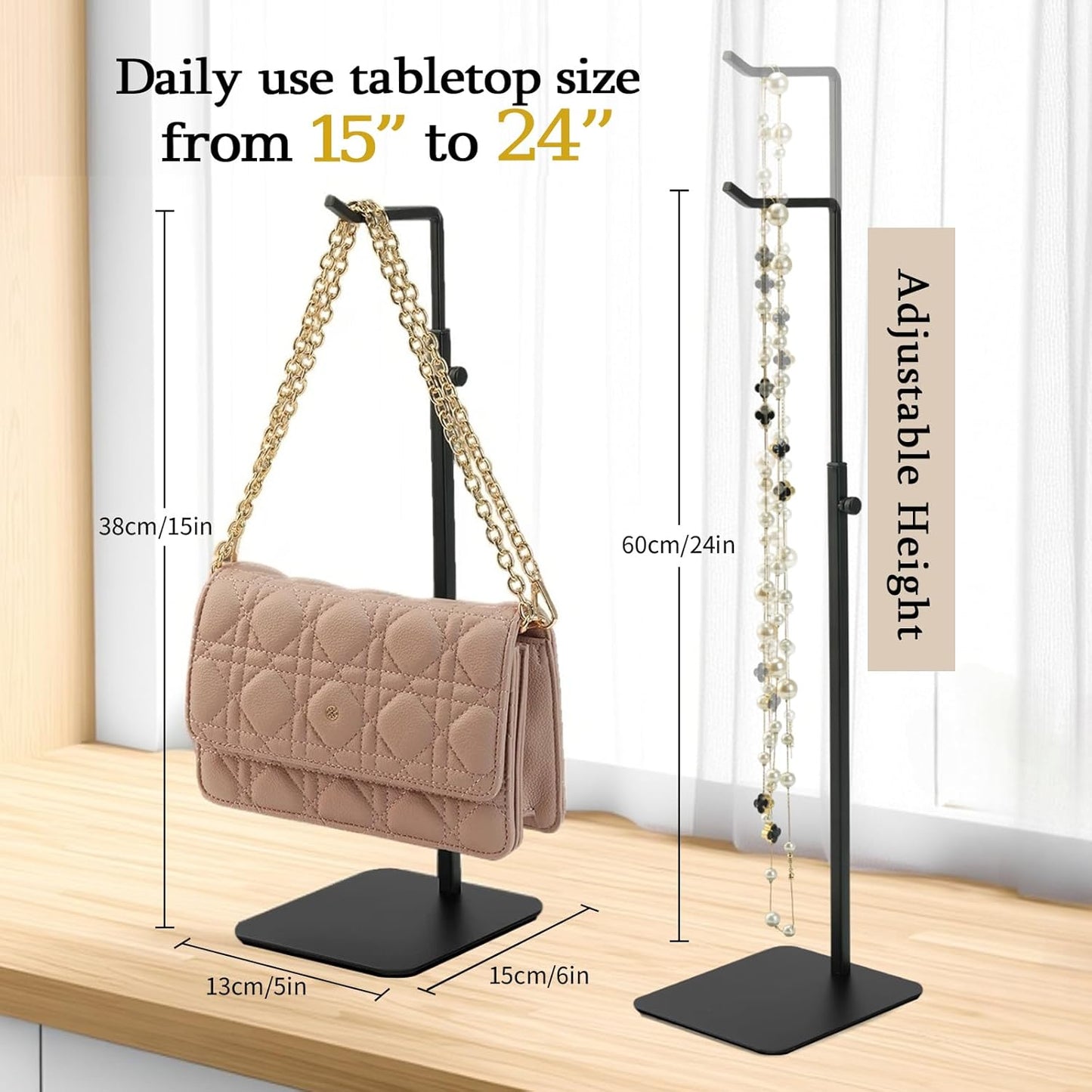 Purse Holder, Adjustable Purse Display Stand , Black Handbag Display Stand, Hanger Rack for Bags, Suitable for Desktops, Wardrobes and Commercial Storeshook Stand