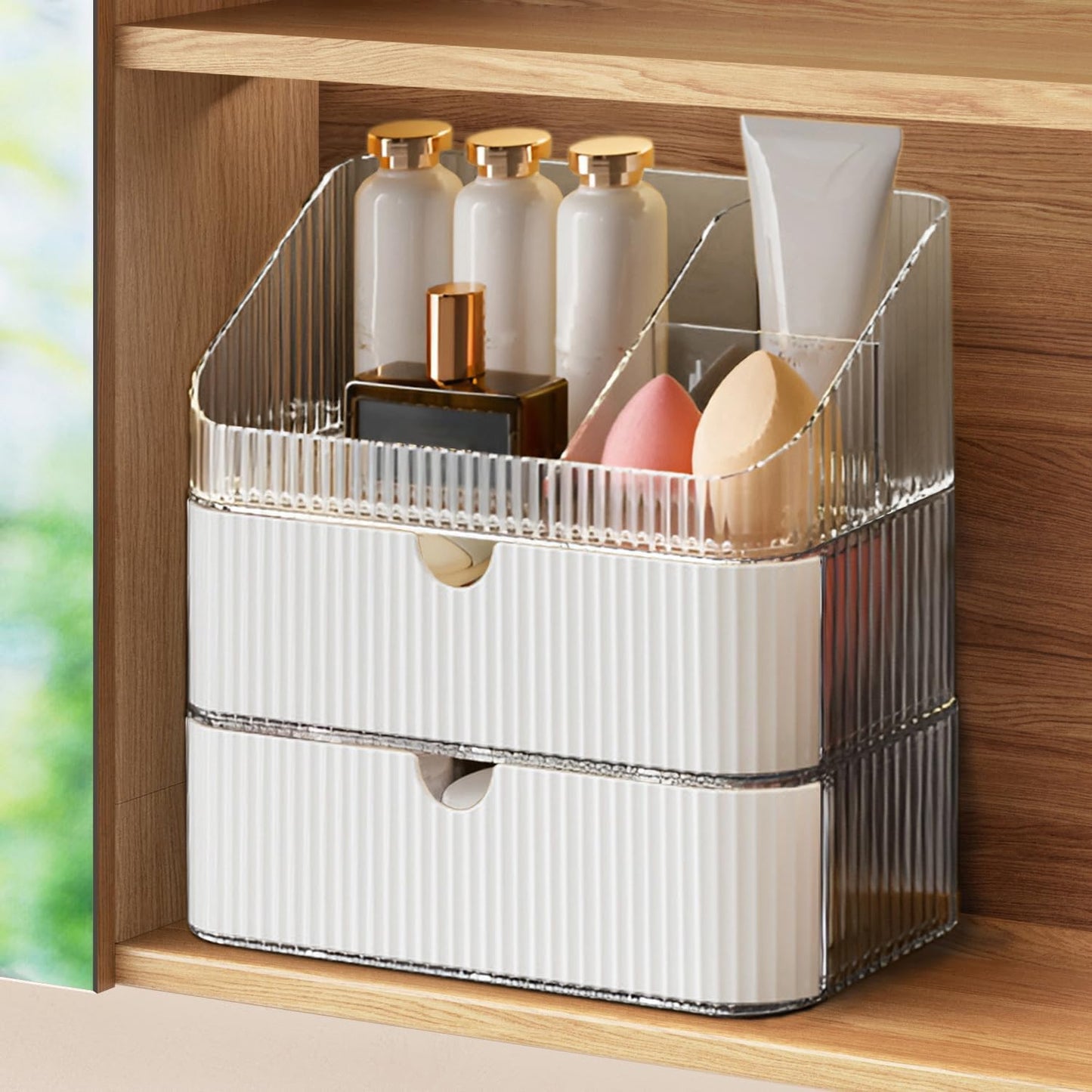 Medicine Cabinet Organizer 3 Tier, Stackable Bathroom Mirror Cabinet Storage，Small Makeup Organizers with 2 Drawer and 1 Tray for Wall Cabinet， Closet， Vanity, Countertop, Clear White