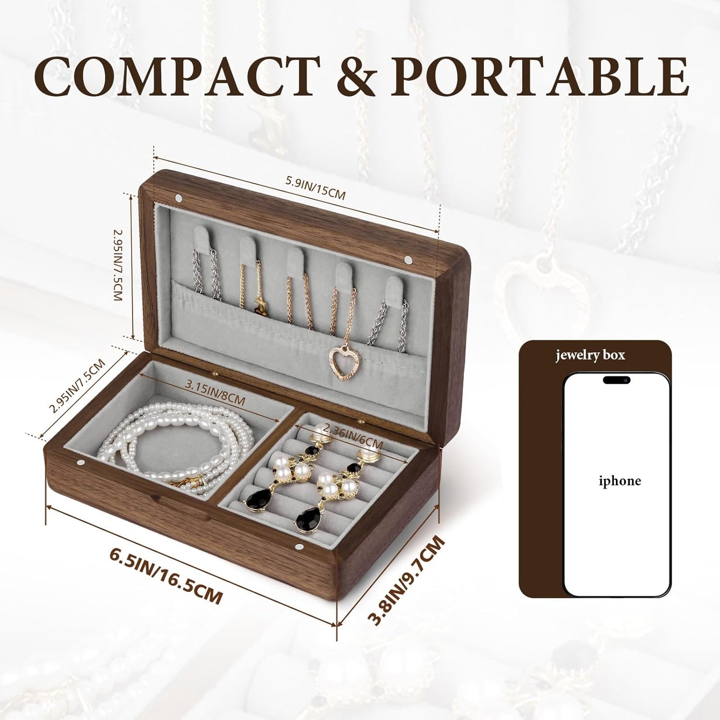 LadyRosian Wooden Small Jewelry Box - Mini Wood Travel Jewelry Case Portable Organizer for Rings, Earrings, Necklaces & Bracelets Storage Women Girls Men,Black Walnut