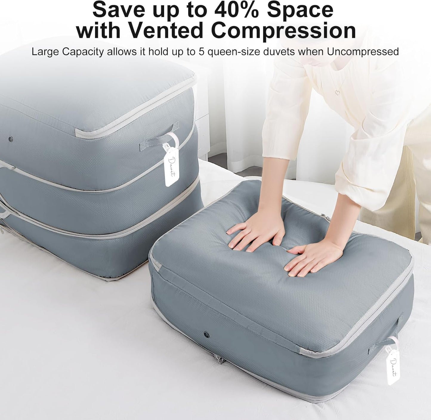 Comforter Storage Bag - Large Capacity Blanket Storage Bags 3-Layer Ultra Space Saving Self Compression Organizer, Washable Compression Bags for Storage Comforter Blanket, 8-Pack, Grey
