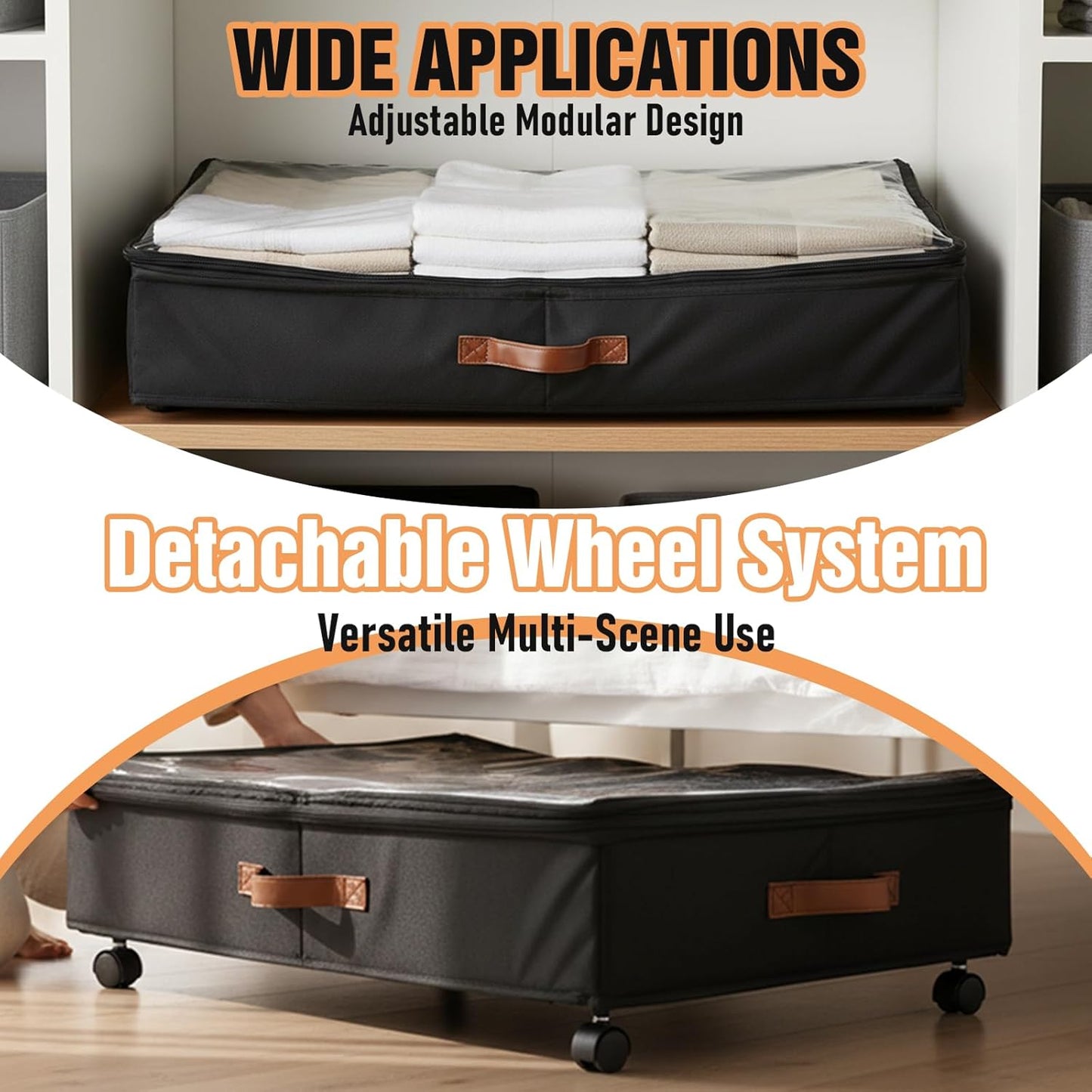 AVOKIHI Under Bed Storage Containers with Wheels 2-Pack, 60L Large Underbed Organizer Box for Clothes, Blankets & Shoes, 9.5 Inch Adjustable Height Under the Bed Storage Bin with Clear Top (Black)