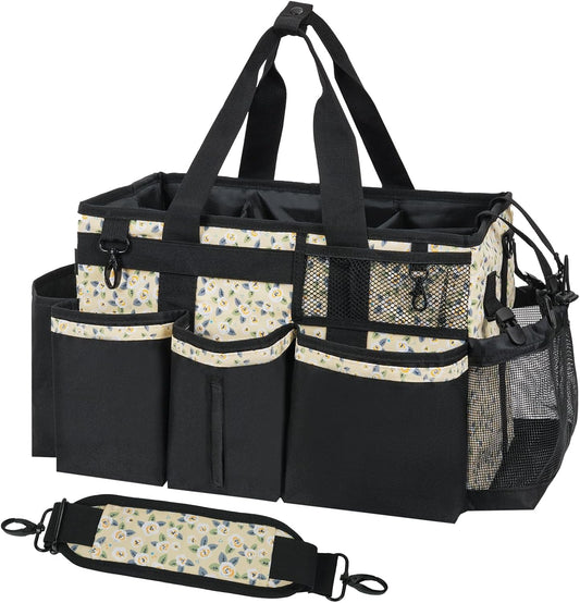 Wearable Cleaning Caddy, Cleaning Caddy Supplies Organizer with Handle & Shoulder Straps for Housekeepers, Under Sink & Car Cleaning Tool Organizers Bag with 4 Foldable Divider (YellowFlower)