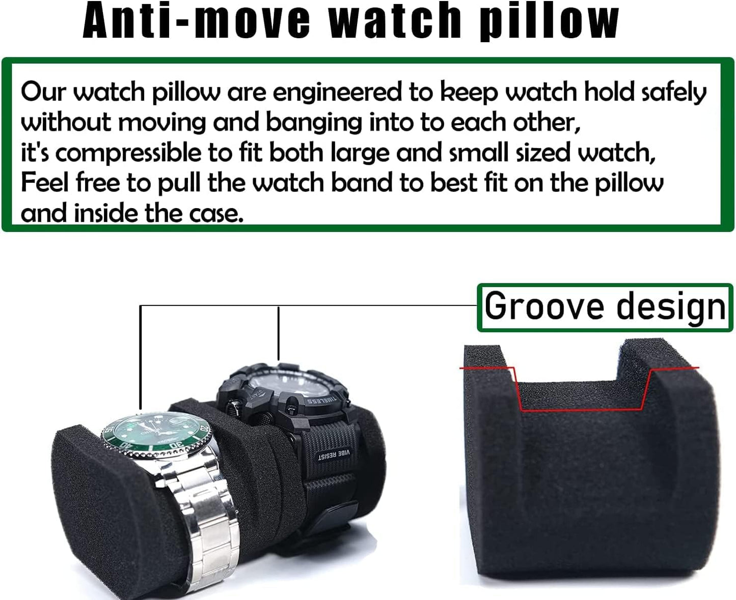 Hard Watch Travel Case,3 slots Watch Roll Case Storage and Organizer for Men and Women, with anti-move watch pillow (Black 3slot with green lining)