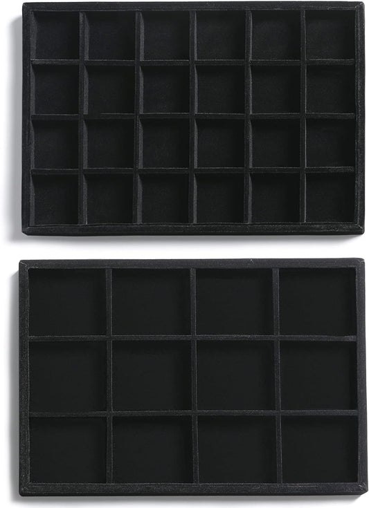 Frebeauty Stackable Velvet Jewelry Organizer Trays for Drawers Inserts Jewelry Storage Tray Display Case, Stud Earrings Bracelets Necklace Rings Accessories Trays for Women (Set of 2 Black)