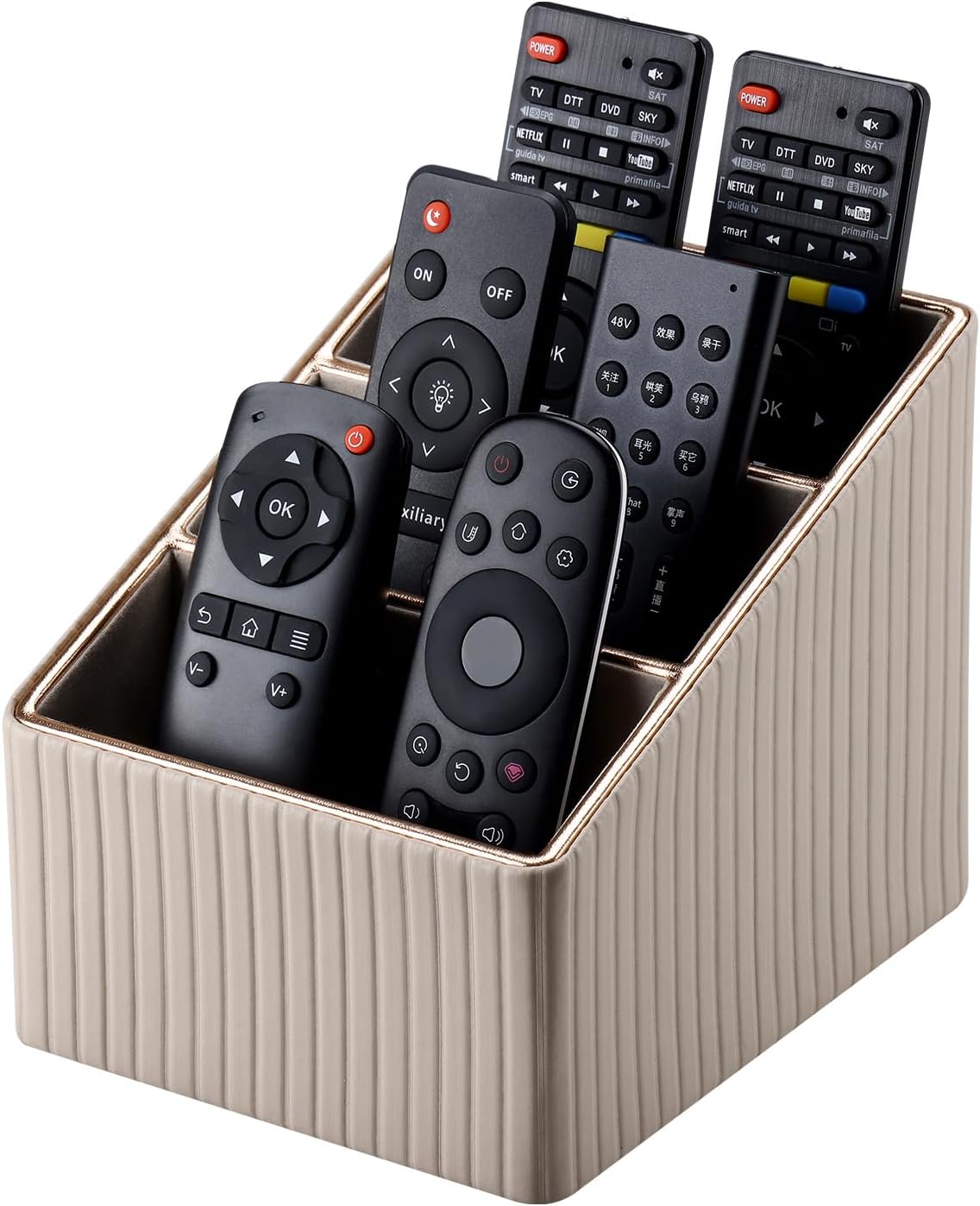 KINGFOM 3 Slot PU Leather Remote Controller Holder, Home Sundries Storage Box, TV Guide/Mail/CD Organizer/Caddy/Holder with Free Cable Desk Organizer (Dark Beige)