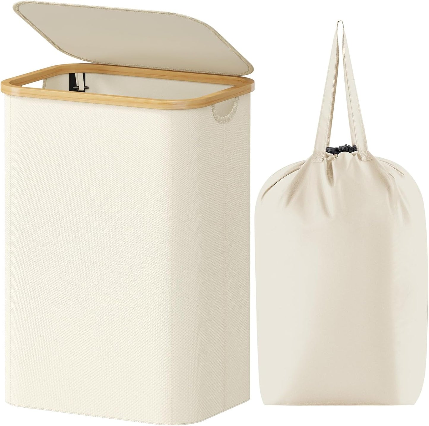 Lifewit 80L Laundry Basket with Lid, Clothes Hampers with Bamboo Handles and A Removable Laundry Bag, Large Foldable Hamper for Bedroom, Bathroom, Dorm, LaundryRoom, White