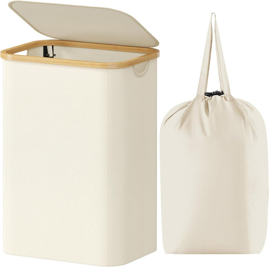 Lifewit 80L Laundry Basket with Lid, Clothes Hampers with Bamboo Handles and A Removable Laundry Bag, Large Foldable Hamper for Bedroom, Bathroom, Dorm, LaundryRoom, White