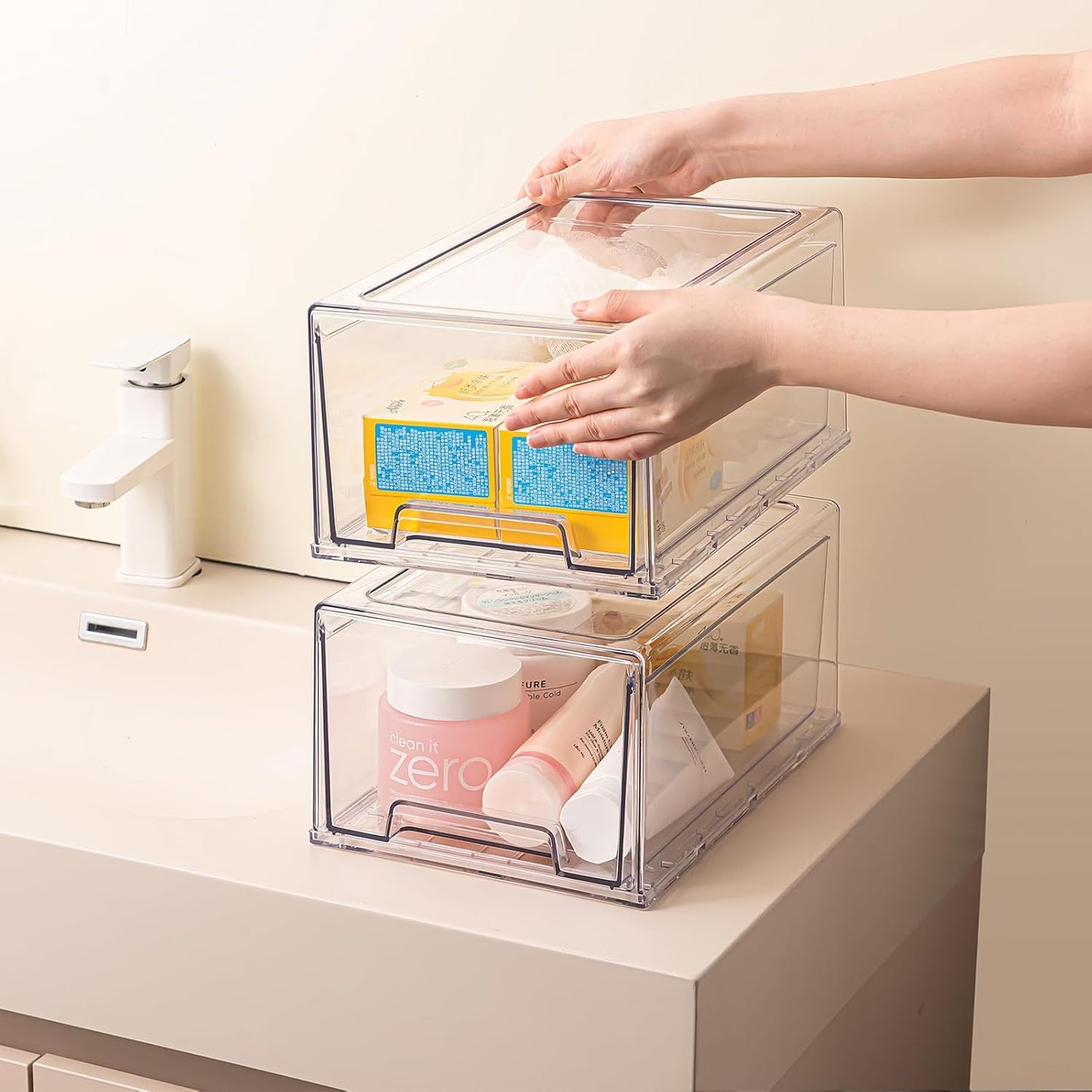 2 Pack Stackable Pull-Out Storage Drawers，Plastic Clear Organizer Bins with Handles，Easily Clean for Undersink，Cabinet，Fridge，Closet，Pantry，Office，Bathroom