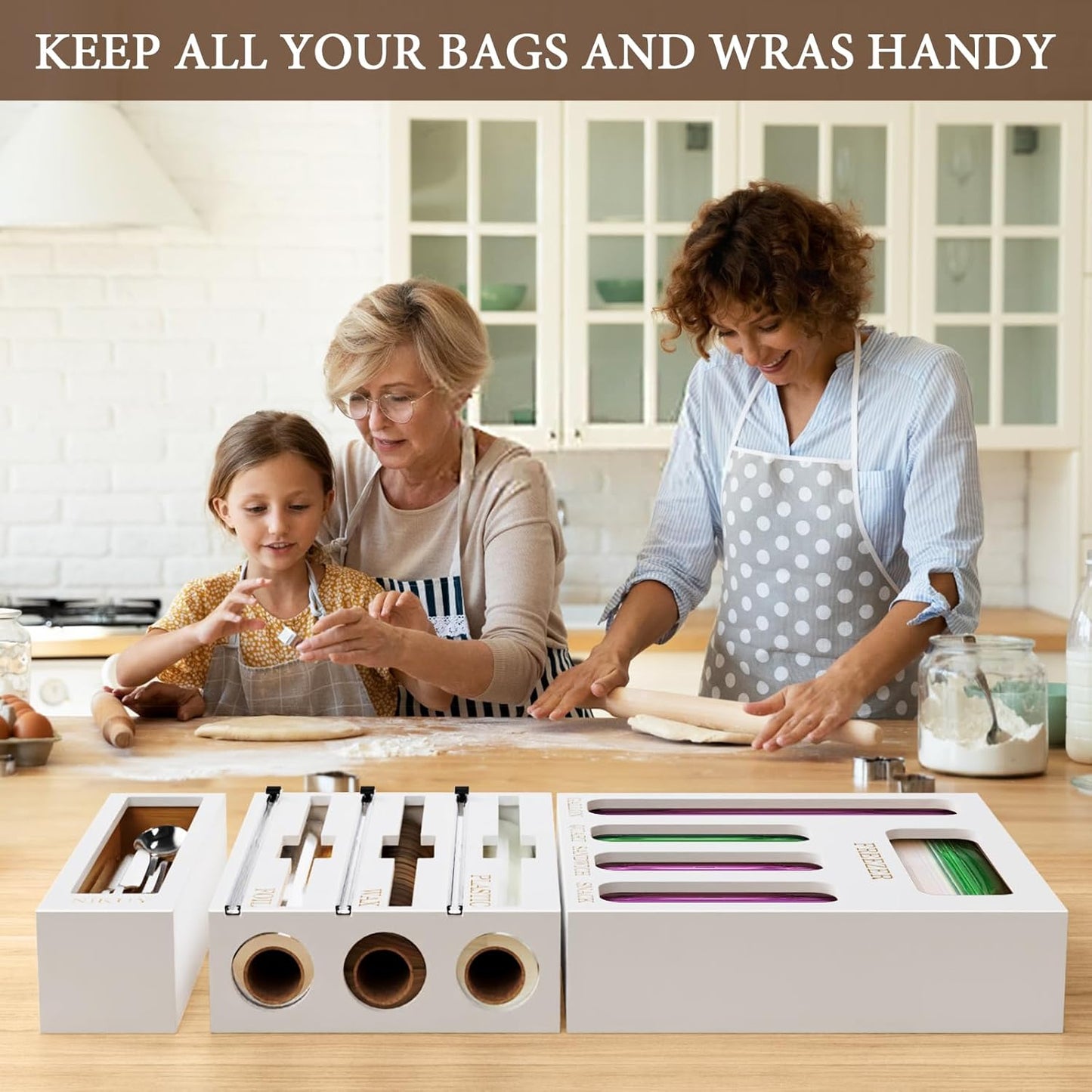 Bamboo Foil and Plastic Wrap Organizer for Kitchen Drawer, 2024 New 9 in 1 Plastic Bag Organizer Organization and Storage, Food Storage Bag Organizer with Labels for Quart Gallon Snack (White)