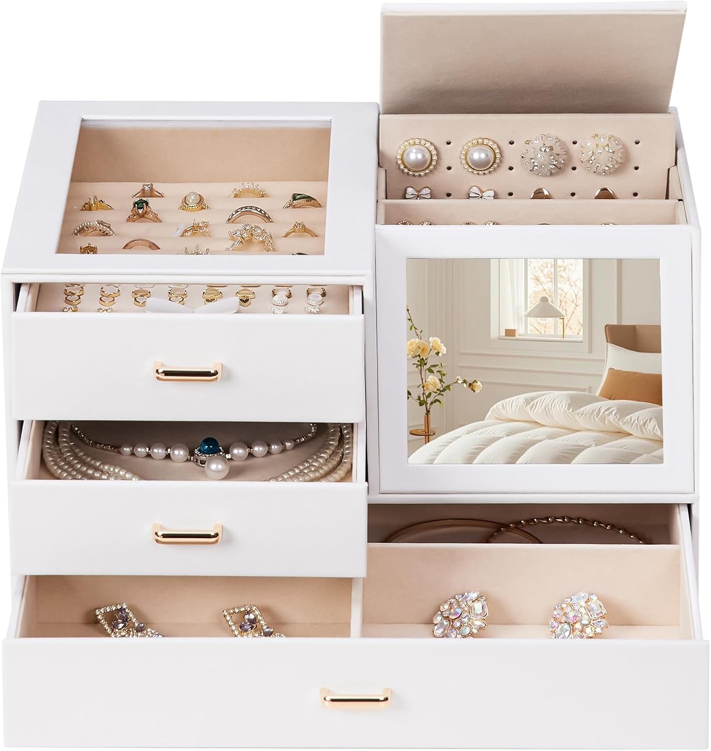 Homde Women Mirror Jewelry Box: Organizer Case with Clear Lid for Ring Necklace Earring - Christmas Gift for Young Women (White)