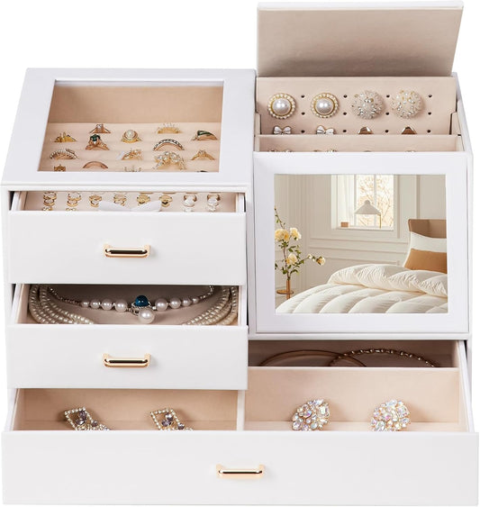 Homde Women Mirror Jewelry Box: Organizer Case with Clear Lid for Ring Necklace Earring - Christmas Gift for Young Women (White)