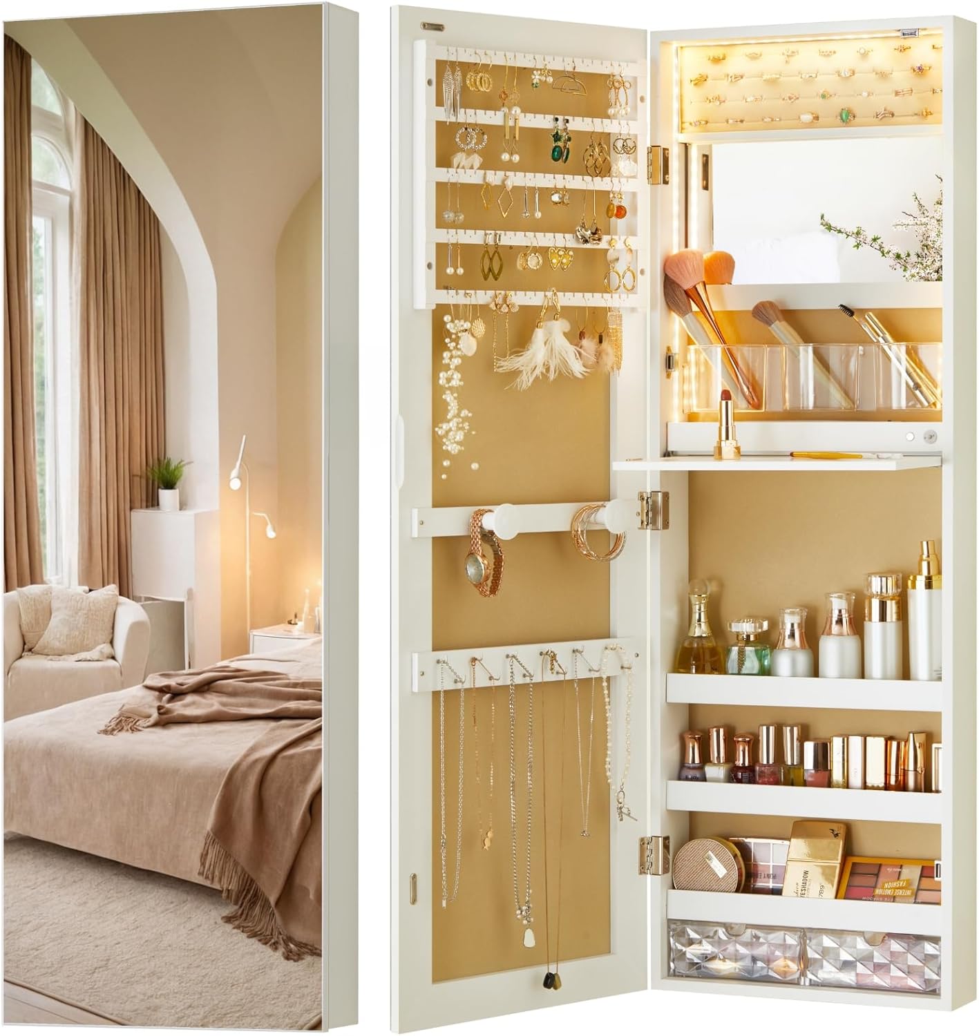 LUXFURNI Mirror Jewelry Cabinet Wall Mounted with lights, 42" Tall Over The Door Hanging Jewelry Armoire, 3 Color Modes Jewelry Mirror Storage, Vanity Table with Interior Mirror, White