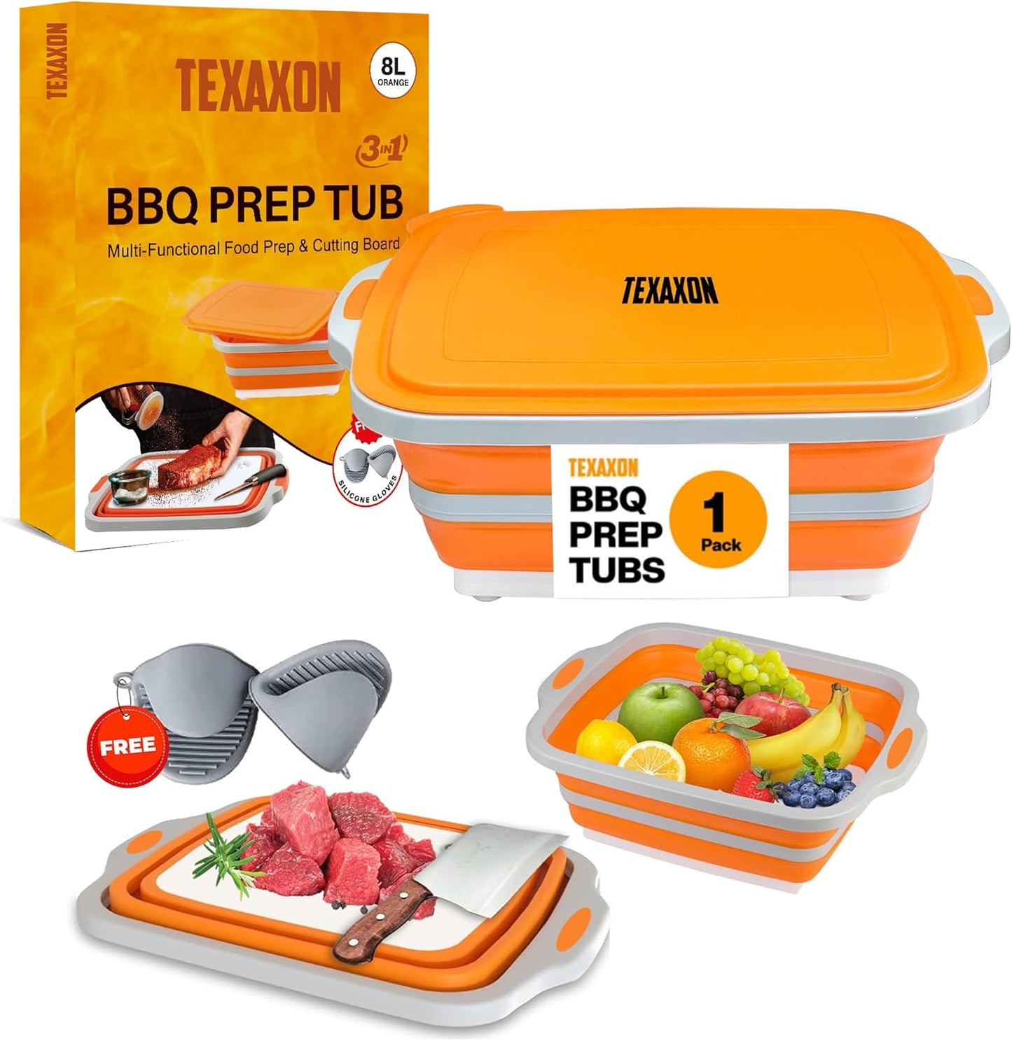 8L/16L BBQ Prep Tub with Cutting Board, Lid & Complimentary Mitts/Gloves – Collapsible Bucket for BBQ, Marinade, Picnic, Camping, Meat Prep – Orange/Black (Orange, Large)