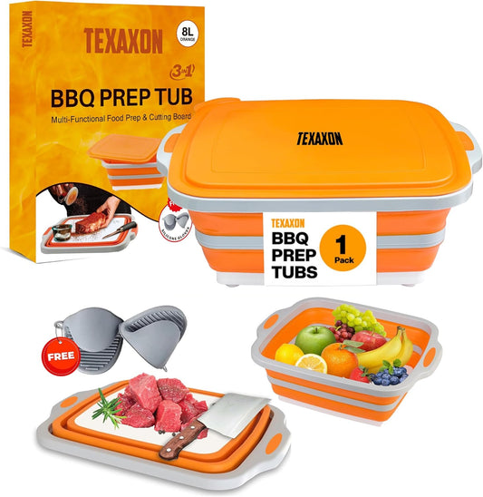 8L/16L BBQ Prep Tub with Cutting Board, Lid & Complimentary Mitts/Gloves – Collapsible Bucket for BBQ, Marinade, Picnic, Camping, Meat Prep – Orange/Black (Orange, Large)