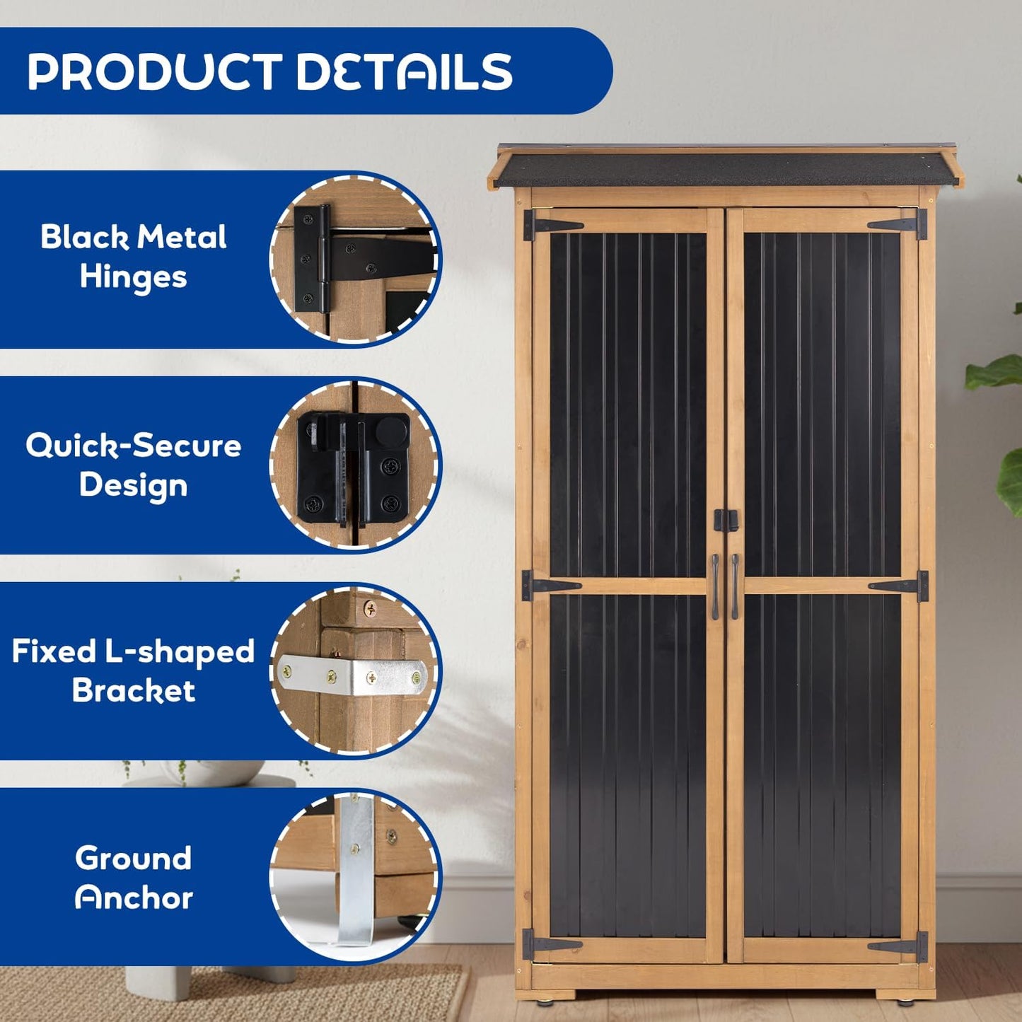 Outdoor Storage Cabinet Weather-Resistant, Wood & Metal Storage Shed with 3 Removable Shelves, Waterproof Roof, Adjustable Feet, Patio Storage Cabinet Outside for Garden Garage Backyard Pool