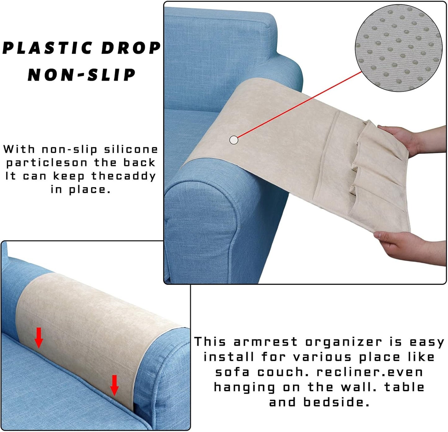 NB Sofa Armrest Organize remote holder bedside caddy organizer with 5 pockets，non-slip couch remote control holder couch armchair caddy accessories (Beige, 35"x12.4")
