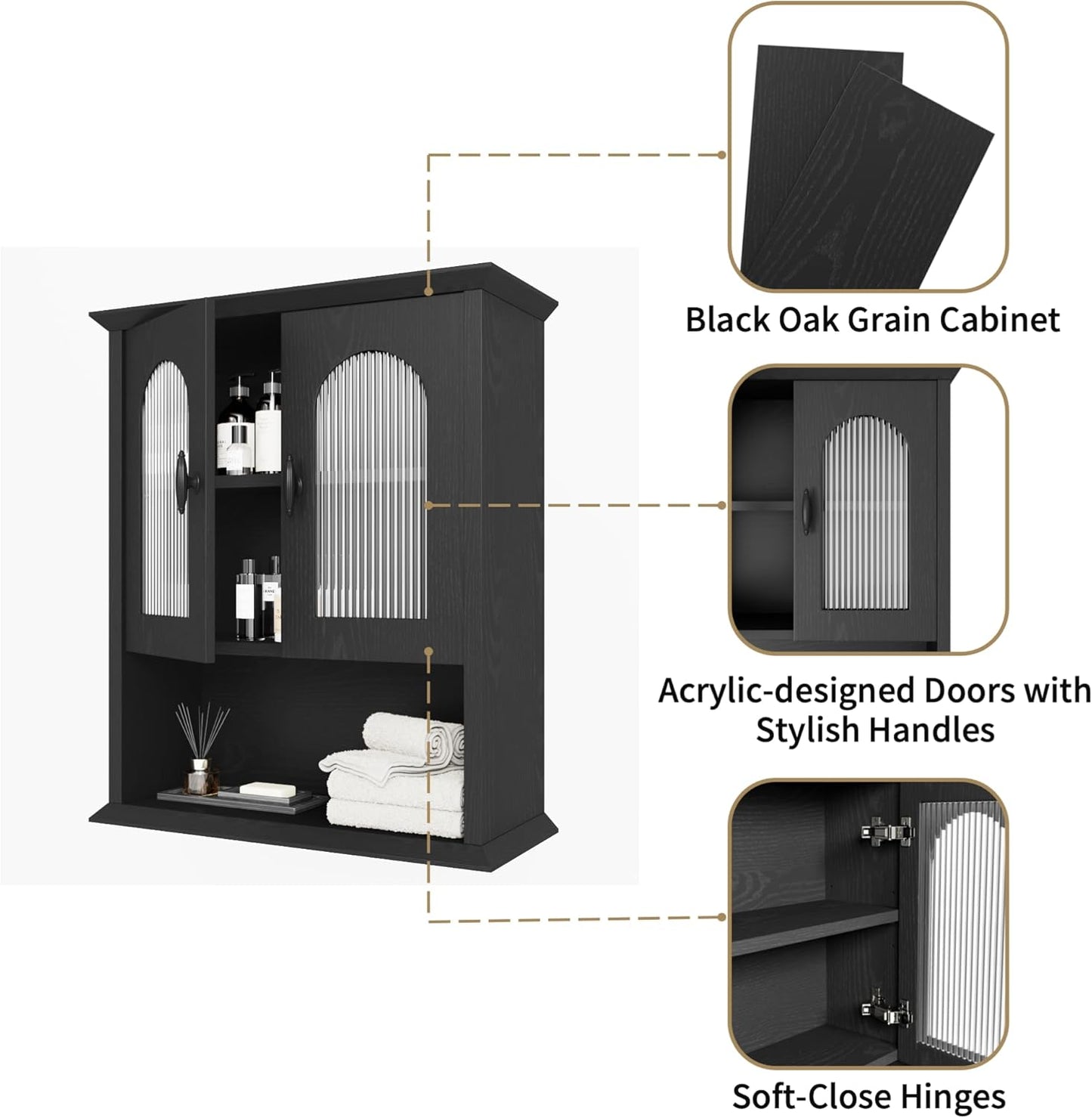 CJL Bathroom Wall Cabinet with Fluted Door, 18.9'' x 23.6'' Medicine Cabinet, Over The Toilet Storage Cabinet, Black
