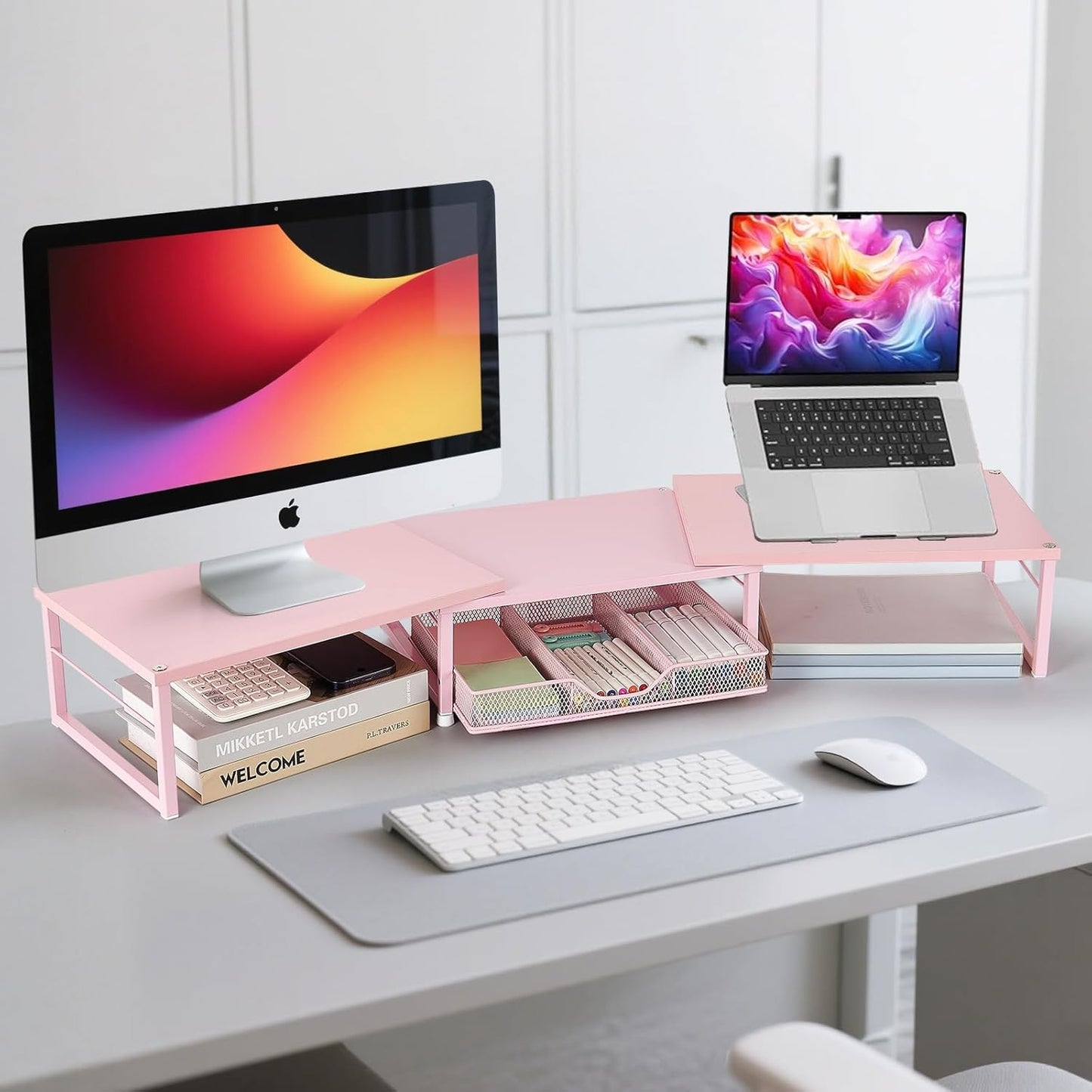 OPNICE Dual Monitor Stand Riser, Desk Organizer with Drawer, Office Desk Organizers and Accessories, Office Workspace Organization Computer Monitor Stand for Laptop, Printer, TV（Pink）